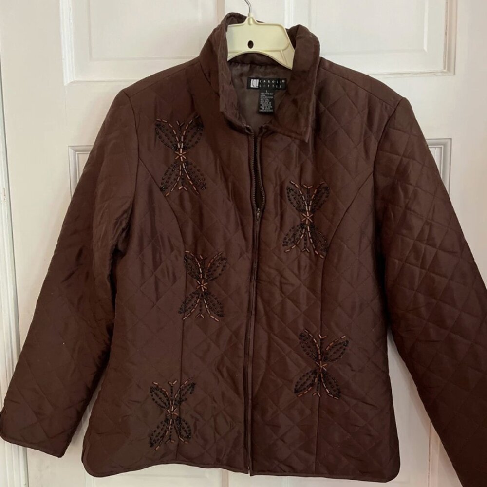 Vintage CAROLE LITTLE Quilted Jacket Silk Brown Embroidered Beads Full Zip Large